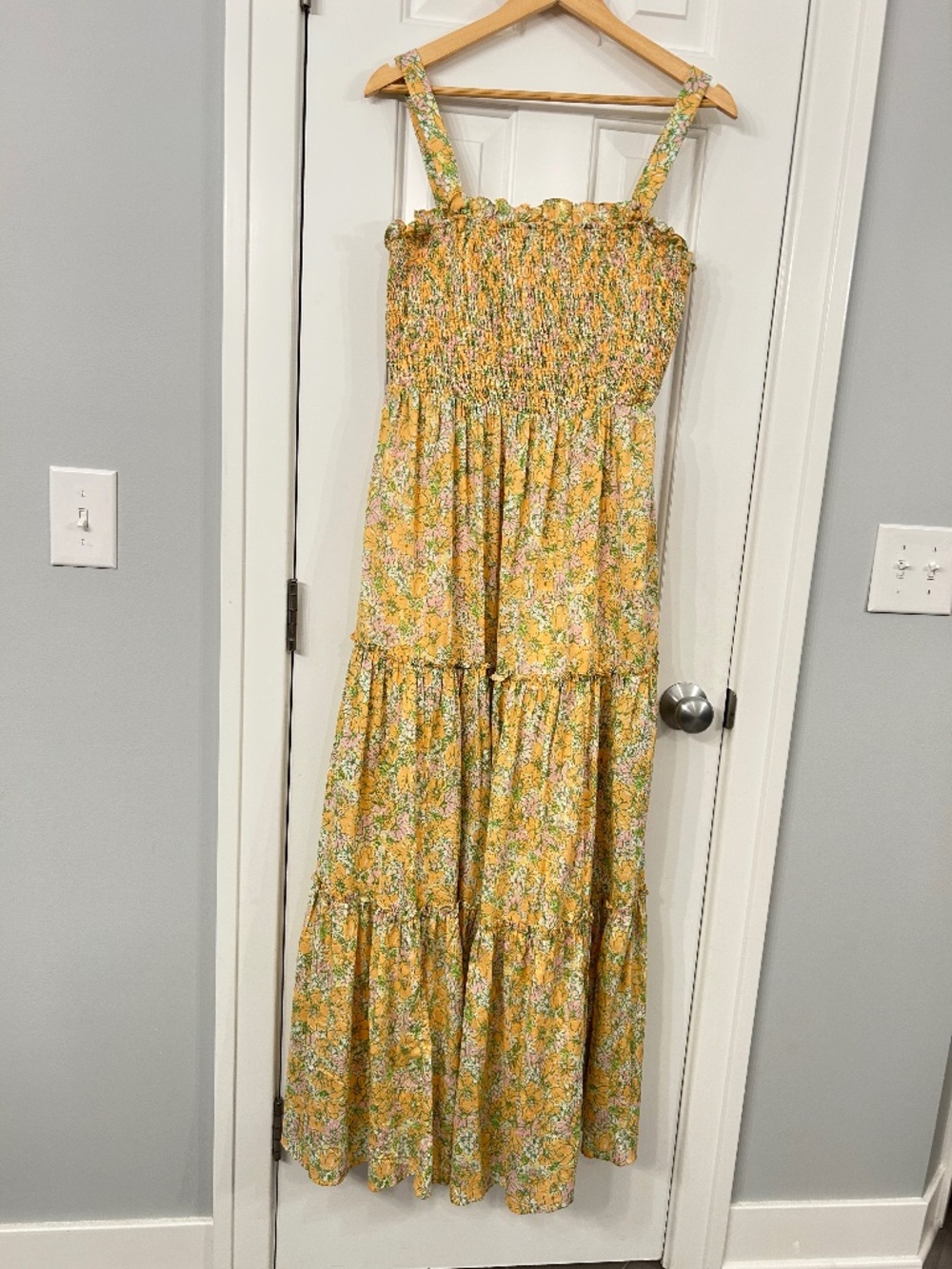 Modcloth floral shirred ruffled tank maxi dress, large